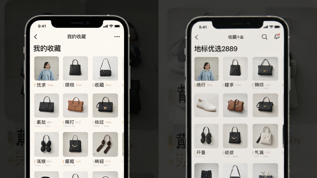 一张“地标优选2889”收藏夹页面示意图,手机屏幕显示收藏的商品缩略图列表,每项带有小图和名称,页面顶部有“我的收藏”字样,背景浅色,风格素雅简洁,细节清晰,画质干净,无多余元素