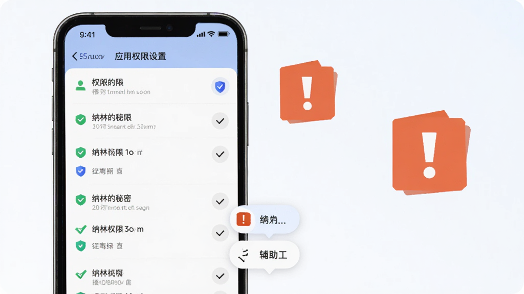 画面主体为手机屏幕显示应用权限设置页面,旁边放置带有感叹号的提示图标与辅助菜单悬浮按钮示意;布局为竖版界面构图,左侧权限列表、右侧提示图标;排版清晰分区,风格为扁平化信息图,细节包含勾选标记、盾牌图标与浅色背景;画质清晰干净,无多余元素,画面中可出现
