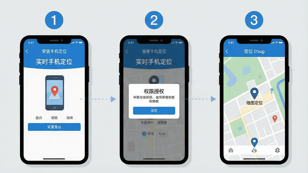 一张展示手机应用操作步骤的示意图,画面分为三个并排的手机屏幕,从左到右依次显示安装界面、权限授权弹窗与地图定位页面,每个屏幕上方有数字编号,手机屏幕内可见