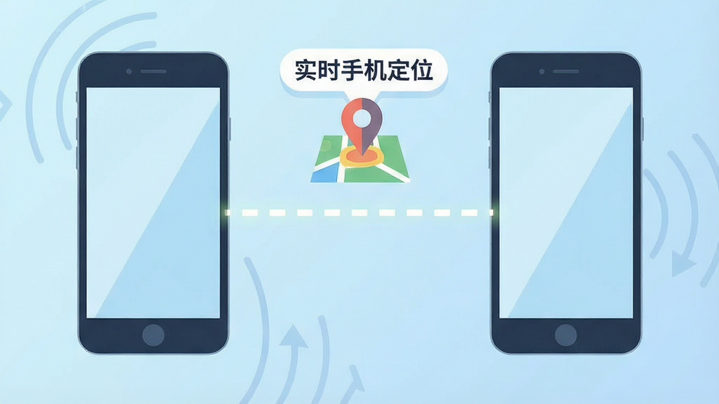 一张表现位置同步概念的插画,画面左侧是一部手机,右侧是另一部手机,两部手机之间用一条发光的虚线连接,虚线上方漂浮着地图定位图标与