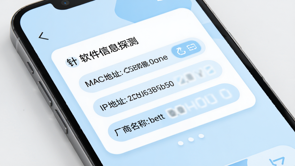 针孔摄像头探测器软件设备信息识别界面,手机屏幕展示设备详情卡片,包含MAC地址、IP地址和厂商名称字段,卡片采用圆角设计,配色为白色与浅蓝色搭配,背景干净整洁,风格清新简约,画质高清细腻