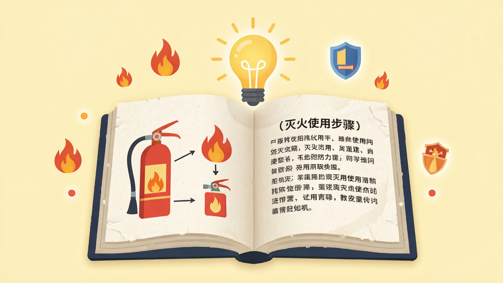 画面中央为一本翻开的电子书,书页上显示消防知识图文内容,左侧页面绘制灭火器使用步骤图示,右侧页面为文字说明区域,电子书上方漂浮一个发光的灯泡图标象征知识获取,周围点缀少量火焰和盾牌的小图标,布局居中对称,风格为教育类扁平插画,细节上突出书页的纸张纹理和图标的光晕效果,画质柔和干净,背景为淡黄色