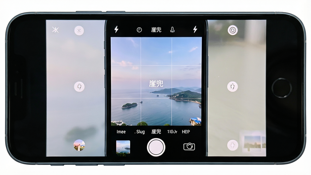 一张展示手机相机取景界面的场景图,主体为手机屏幕特写,画面中显示“兜”相机取景框与网格线,布局为屏幕占据画面主要区域、四周为手机边框,排版居中对称,风格为产品功能演示风,细节包括快门按钮、闪光灯图标、相册缩略图,画质清晰明亮,干净无杂乱元素