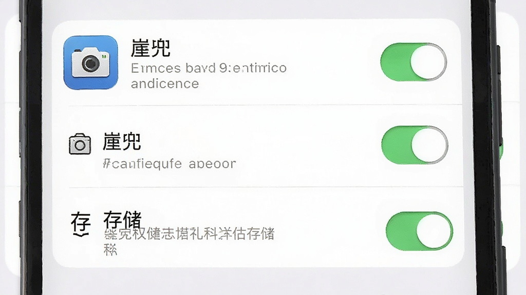 一张展示手机权限设置界面的示意图,主体为手机屏幕中的权限管理页面,布局为权限列表纵向排列、相机与存储开关处于开启状态,排版清晰,风格为系统设置界面风,细节包括“兜”应用名称、权限开关按钮、提示文字,画质干净明亮,无多余元素