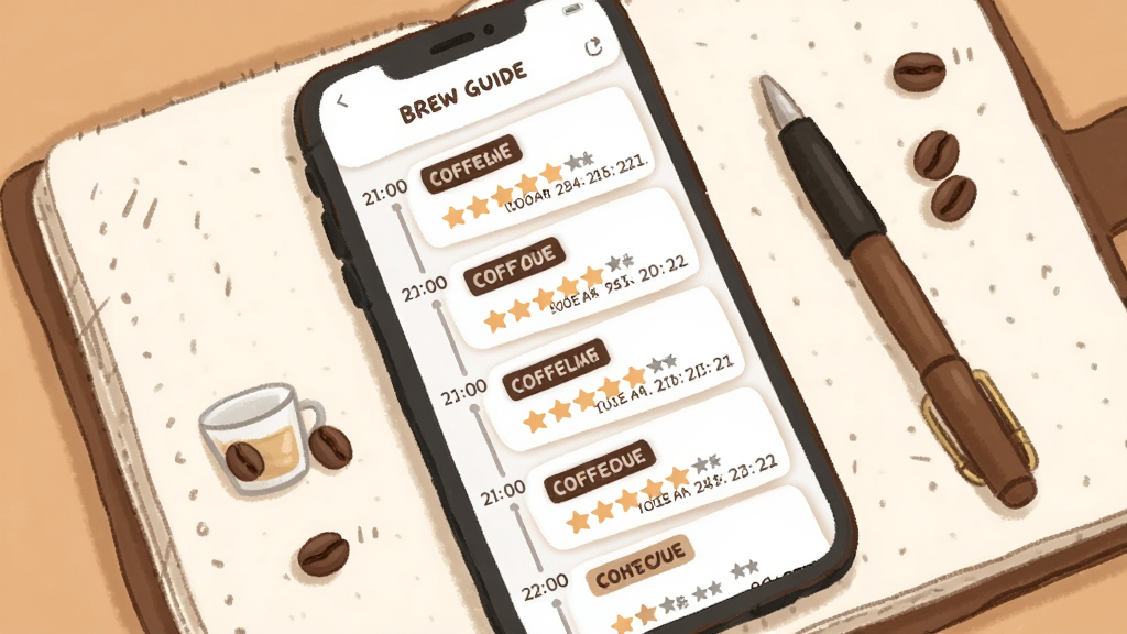一张表现 Brew Guide 冲煮档案记录功能的画面,主体为手机屏幕显示时间线列表,每条记录包含咖啡豆标签、评分星级与日期,手机平放在一本翻开的咖啡笔记上,旁边有一支笔和几颗咖啡豆,布局为手机占据画面中心、笔记作为底衬,风格为温暖的手账插画风,细节上强调列表卡片与评分星标,画质柔和干净,无杂乱元素