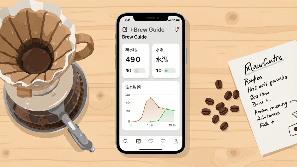 一张展示 Brew Guide 应用全貌的场景图,画面中央是一部竖屏手机,手机屏幕上显示咖啡冲煮参数界面,包含粉水比、水温、注水时间轴等卡片式模块,手机左侧放着一只陶瓷滤杯和手冲壶,右侧散落几颗咖啡豆与一张手写风味笔记,背景为浅木色桌面,整体布局居中对称,风格为清爽现代的扁平插画风,细节上强调界面元素的清晰层次与咖啡器具的质感,画质干净明亮,无多余装饰元素