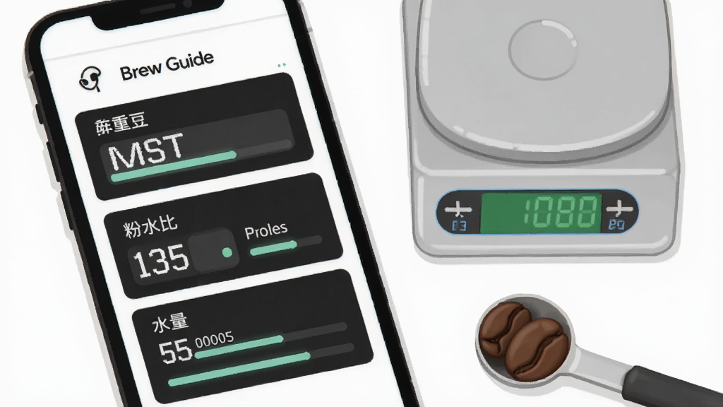 一张表现 Brew Guide 智能参数计算功能的画面,主体为手机屏幕特写,屏幕上以卡片形式展示咖啡豆重量输入框、粉水比数值与水量结果,数字清晰醒目,手机旁边放置一台小型电子秤与一勺咖啡豆,布局为手机居中偏左、器具点缀右侧,风格为简洁的科技插画风,细节上突出数字与进度条元素,画质清晰锐利,背景干净无杂色