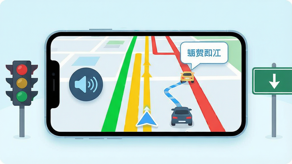一张展示高驾地图导航实时路况功能的画面,画面主体为横向手机屏幕,屏幕中地图上呈现绿色、黄色、红色路段标识,旁边配有语音播报波纹图标与汽车行驶轨迹,布局为手机居中、两侧点缀红绿灯与道路指示牌,风格为清新科技感插画,细节包含路况色带与播报气泡,画质清晰干净,无多余元素