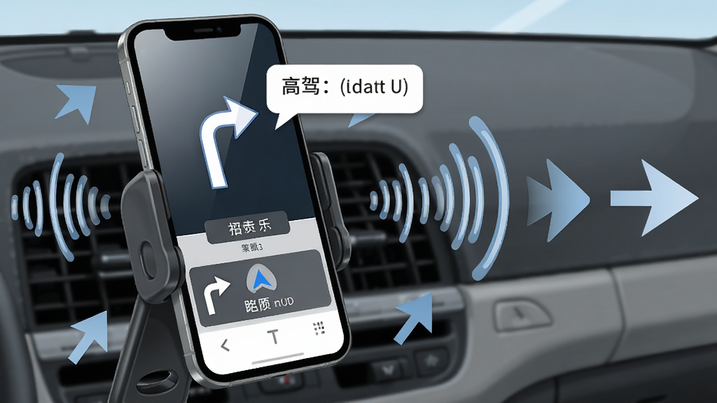 一张表现高驾地图导航语音指引功能的图片,画面为手机固定在汽车支架上,屏幕显示转弯箭头与剩余距离,手机旁有抽象声波图形与方向箭头环绕,布局为手机偏左、声波向右延展,风格为简约写实插画,细节包含支架结构、屏幕高光与播报文字气泡,画质清晰干净,无多余元素