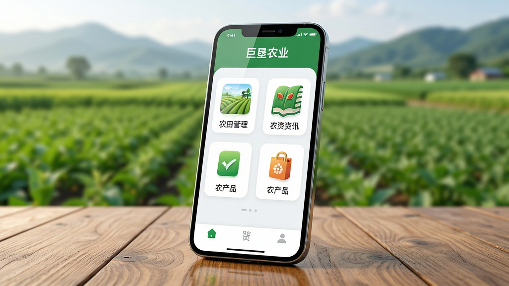 画面主体为一台智能手机,屏幕上显示“巨垦农业”应用主界面,界面包含农田管理、农资资讯、农产品展示等模块图标,手机放置在木质桌面上,背景为虚化的绿色农田与远山,布局为居中构图,手机略微倾斜展示屏幕内容,风格为清新写实的现代科技农业风,细节包括屏幕反光、桌面纹理、远处农田的层次感,画质清晰,干净,无多余元素
