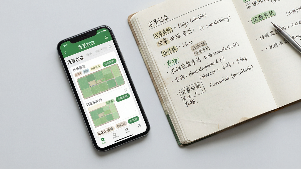 画面主体为一部手机与一本打开的农事记录本并排放置,手机屏幕显示“巨垦农业”地块管理界面,界面中有地块列表与作物标签,记录本上有手写的田间笔记,背景为干净的浅灰色桌面,布局为平铺俯拍构图,风格为简约实用的农业办公风,细节包括手机屏幕的清晰显示、纸张纹理、笔迹的自然感,画质清晰,干净,无多余元素