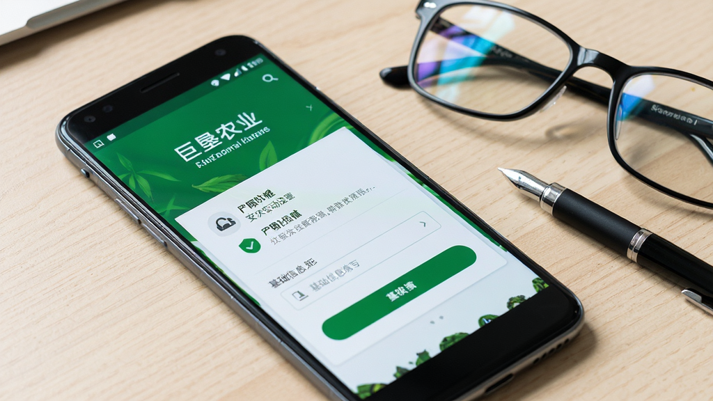 画面主体为一部安卓手机显示“巨垦农业”安装完成后的首次启动引导页面,页面有权限设置与基础信息填写选项,手机旁放有一副眼镜与一支笔,背景为浅色桌面,布局为斜侧俯拍构图,风格为简洁明快的数码生活风,细节包括屏幕界面清晰、桌面质感、眼镜镜片反光,画质清晰,干净,无多余元素