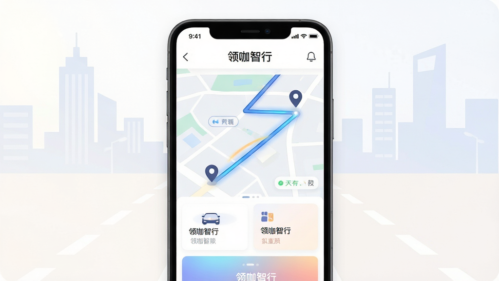 画面主体为一部竖屏智能手机,屏幕中展示“领咖智行”应用主界面,界面包含地图路线、车辆图标与功能卡片;布局为手机居中放置,背景为浅色城市道路与建筑剪影;排版简洁,顶部留白,底部为柔和渐变;风格为现代科技感扁平插画;细节包含路线光效、定位图标与状态标签,屏幕文字清晰显示“领咖智行”;画质高清,画面干净,无多余元素