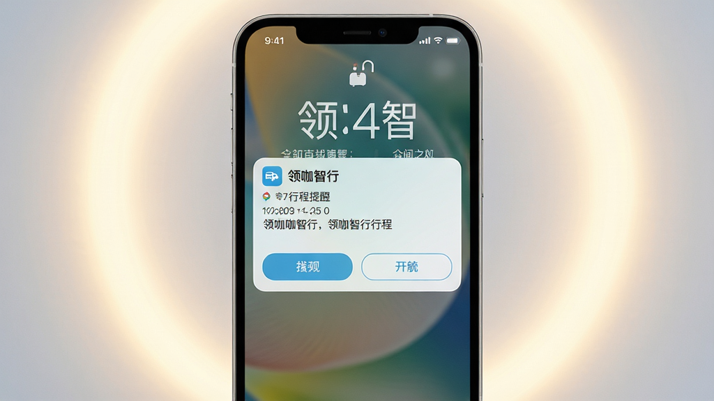 画面主体为手机锁屏界面弹出“领咖智行”通知卡片,显示行程提醒内容;布局为手机竖屏居中,背景为柔和光晕;排版为通知卡片悬浮于锁屏之上;风格为清新浅色扁平风;细节包含通知图标、时间信息与操作按钮,通知标题显示“领咖智行”;画质高清,画面干净,无多余元素
