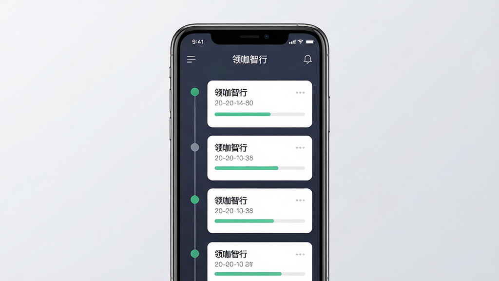 画面主体为手机界面中的行程状态时间轴卡片,显示“领咖智行”应用内状态更新列表;布局为手机正面展示,背景为浅灰渐变;排版为纵向时间轴加卡片式信息块;风格为简洁商务扁平风;细节包含状态圆点、时间文字与进度条,界面标题显示“领咖智行”;画质高清,画面干净,无多余元素