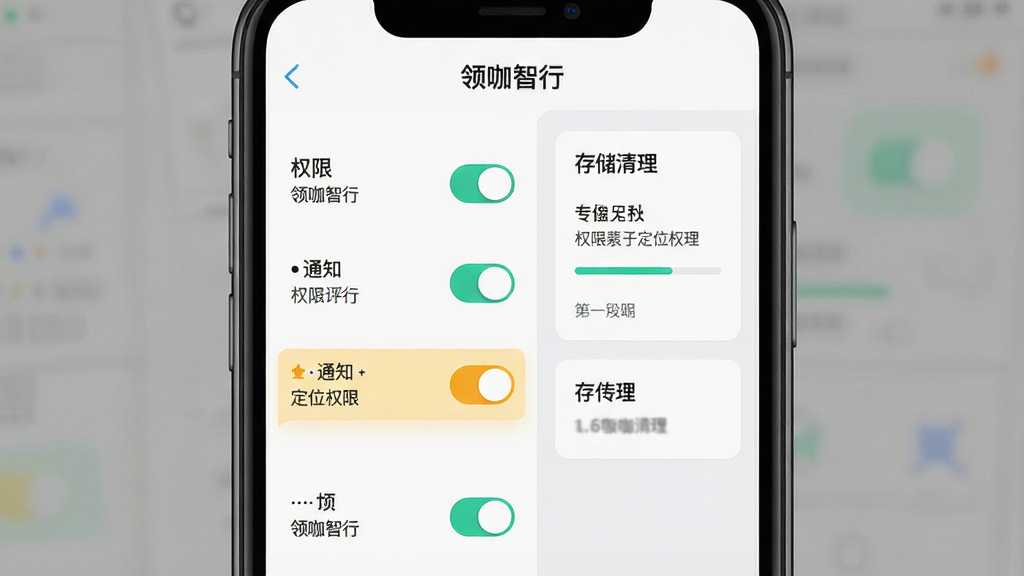 画面主体为手机屏幕展示“领咖智行”权限设置与缓存清理界面;布局为手机居中,左侧为权限开关列表,右侧为存储清理卡片;排版为双栏信息结构,重点标注通知与定位权限;风格为清爽浅色扁平风;细节包含开关按钮、进度条与提示文字,界面标题显示“领咖智行”;画质高清,画面干净,无多余元素