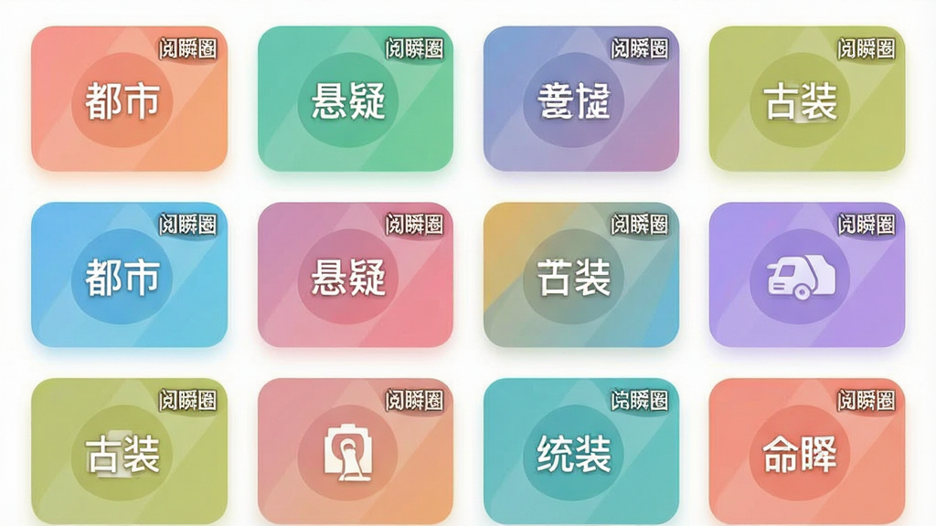 画面主体为手机应用界面中的分类导航模块,展示多个彩色卡片式栏目入口,卡片上标注“都市”“悬疑”“古装”等文字标签;布局为网格状排列,卡片大小一致;排版整齐有序,卡片间距均匀;风格为清新浅色系UI设计,圆角卡片配柔和阴影;细节上每张卡片配有简洁图标与“阅瞬圈”角标;画质清晰,干净无多余元素