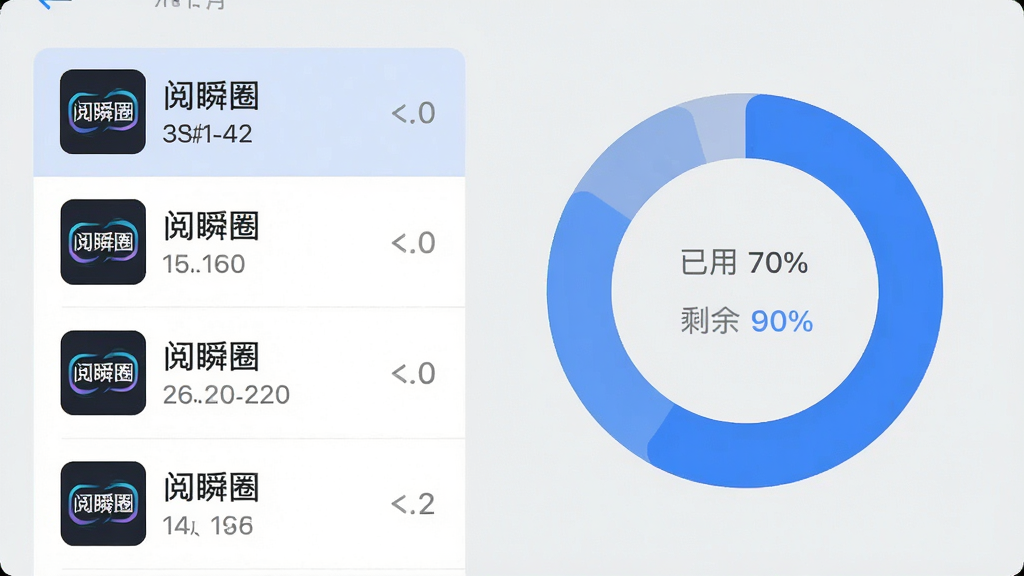 画面主体为手机存储管理界面截图风格插画,展示缓存列表与存储占用环形图;布局为左侧列表右侧环形图;排版上环形图占据右侧视觉重心,列表条目排列整齐;风格为简洁商务风扁平设计,浅灰底色配蓝色强调色;细节上列表条目带有“阅瞬圈”内容缩略图与大小标注,环形图显示已用与剩余空间;画质清晰,干净无多余元素