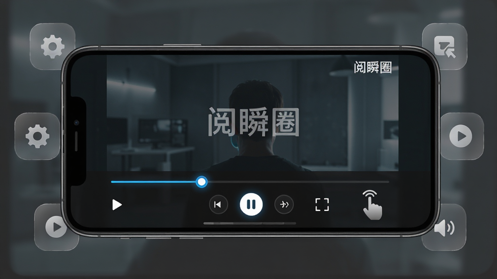 画面主体为手机横屏播放界面特写,展示视频播放器控制栏,包含进度条、倍速按钮、全屏图标与音量手势示意;布局为横屏手机居中,周围环绕半透明功能图标;排版上控制栏位于画面下方三分之一处;风格为暗色科技风UI展示图;细节上进度条有高亮拖拽点,画面中显示“阅瞬圈”播放水印;画质高清,干净无多余元素