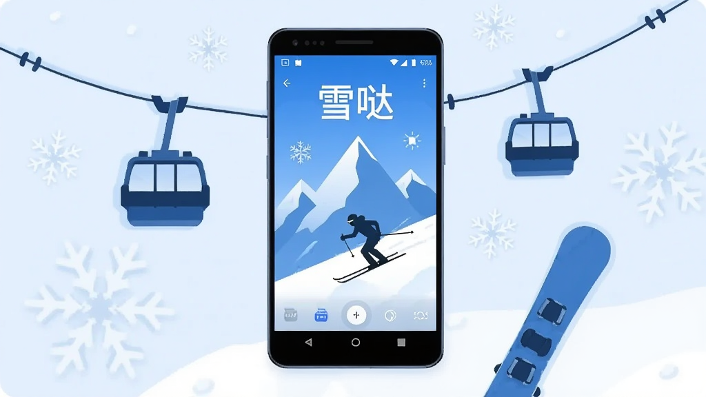 画面中央放置一部安卓手机,手机屏幕显示雪山与滑雪者剪影的运动记录界面,顶部有“雪哒”二字,手机周围环绕雪花、缆车、雪板等元素,整体采用蓝白冷色调扁平插画风格,布局简洁居中,细节干净清晰,画质高清,背景纯色无多余装饰