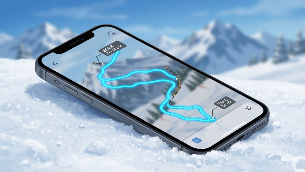 一部手机斜放在雪地上,屏幕中显示蜿蜒的滑雪轨迹路线图,路线用亮蓝色线条标注,旁边有距离与时长的小标签,背景为虚化的雪山与蓝天,风格为清爽写实插画,主体突出,排版简洁,画质细腻,画面干净无杂乱元素