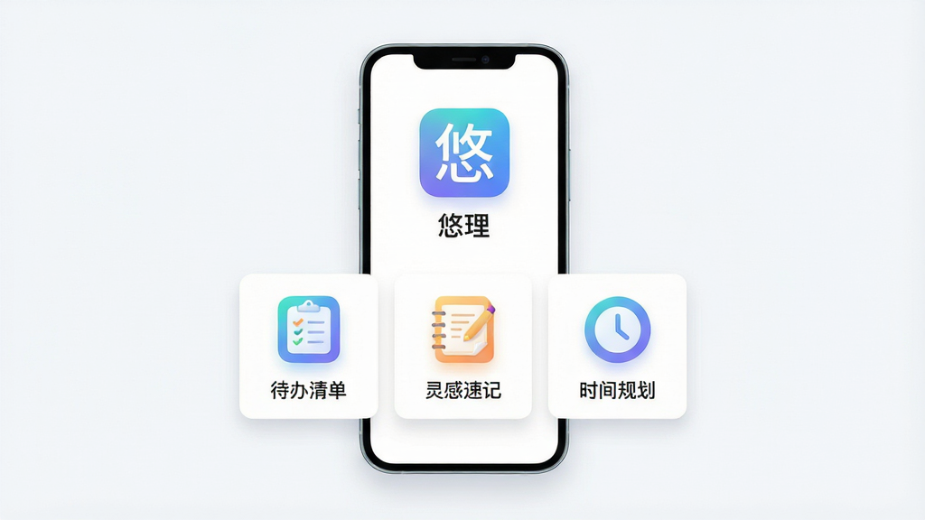 画面主体为一款名为“悠理”的手机应用界面悬浮在浅色背景中央,布局采用居中对称构图,上方为应用图标与名称“悠理”,下方展示三张功能卡片分别标注“待办清单”“灵感速记”“时间规划”,排版简洁留白充足,风格为现代扁平化插画风,细节上图标带有柔和渐变与轻微阴影,画质清晰干净,无多余装饰元素