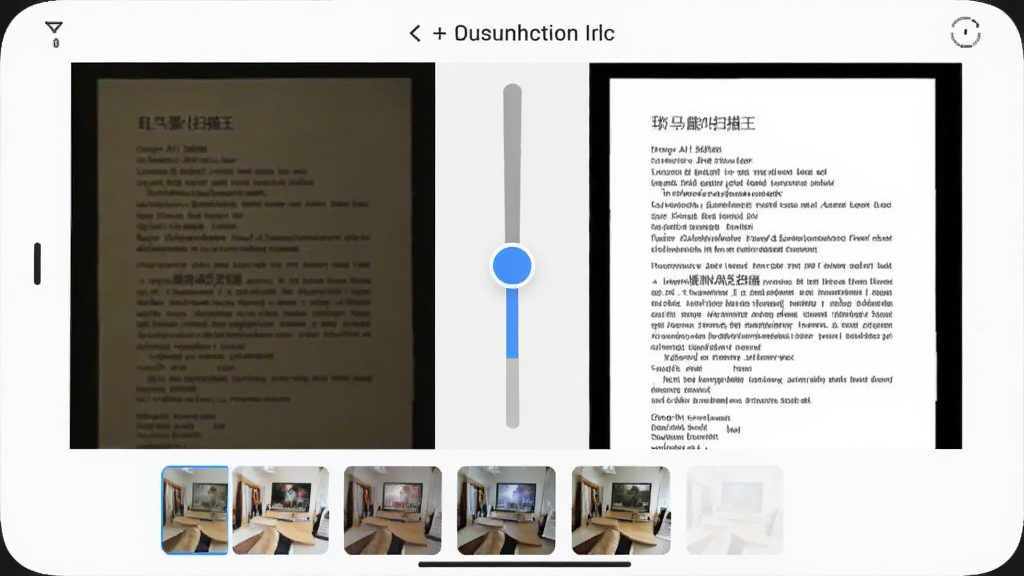 手机屏幕中展示全能AI扫描王的画面增强对比界面,左侧为昏暗泛黄的原始文档照片,右侧为增强后清晰明亮的文档效果,中间有滑动对比条,屏幕下方排列着几种滤镜缩略图;整体采用简洁的浅色扁平化风格,布局左右对比,细节突出增强前后的差异,画质清晰,干净,无多余元素