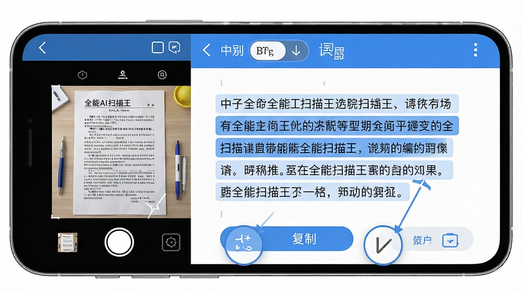 手机屏幕中展示全能AI扫描王的文字识别结果页面,左侧是拍摄的纸质文稿缩略图,右侧是提取出的可编辑文字内容,文字区域带有高亮选中效果,屏幕上方显示中英文识别切换图标;整体为清爽的蓝白配色扁平化风格,布局左右分栏,细节突出文字提取与复制按钮,画质清晰,干净,无多余元素