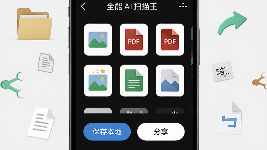 一部手机屏幕显示全能AI扫描王的导出界面,界面上排列着图片、PDF等格式图标,下方有保存到本地与分享按钮,屏幕周围漂浮着文件夹、分享箭头与文档图标;背景为淡灰色简约风格,布局以手机为中心,细节突出格式图标与分享按钮,画质清晰,干净,无多余元素