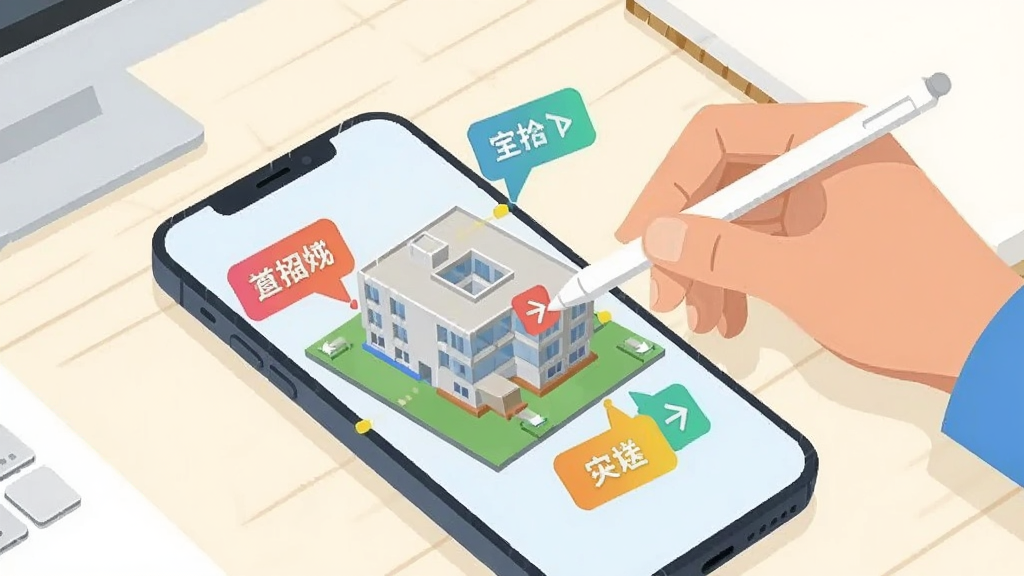 手机屏幕显示三维建筑模型,模型上分布着几个彩色标注气泡和箭头图标,气泡内有简短文字,一只手正用触控笔在屏幕上添加新的标注,背景为浅色办公桌面,风格为清新扁平插画,色彩明快,画质干净,无多余元素
