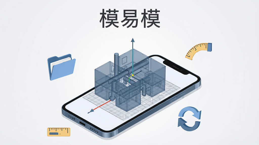 画面中央展示一部智能手机,手机屏幕上呈现一个半透明的三维建筑管线模型,模型以蓝灰色调渲染,带有网格地面和坐标轴,手机周围环绕着文件夹图标、测量尺图标和旋转箭头图标,背景为干净的浅灰色渐变,整体风格为科技感扁平插画,细节清晰,画质锐利,画面干净无多余元素,图片上方用简洁无衬线字体写有“模易模”三个字