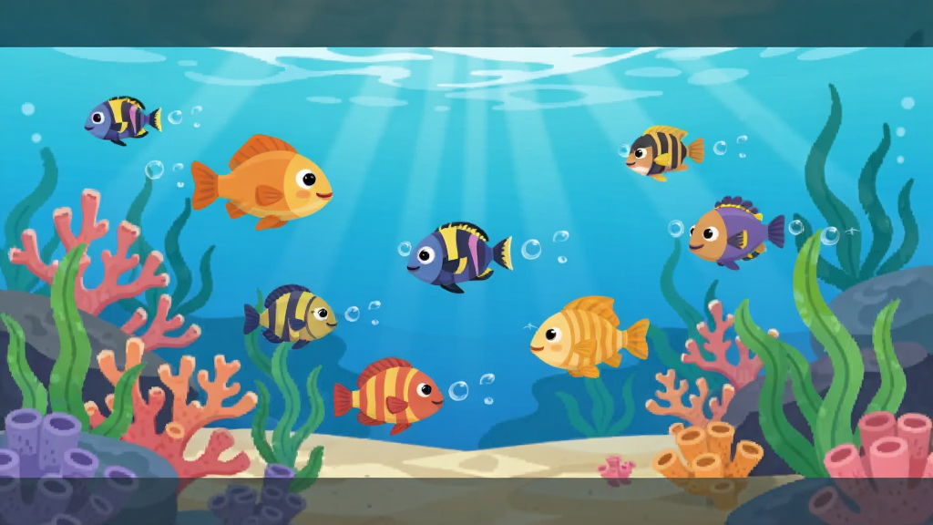 主体是彩鱼应用界面中的海洋场景,多条不同颜色的卡通鱼在珊瑚与水草间穿梭;布局为横向展开的场景式构图,前景、中景、背景层次分明;排版为界面展示风格,四周留出展示边距;风格为清爽的扁平化数字插画;细节包括半透明的水面光斑、渐变海水和柔和阴影;画质干净清晰,无多余装饰元素