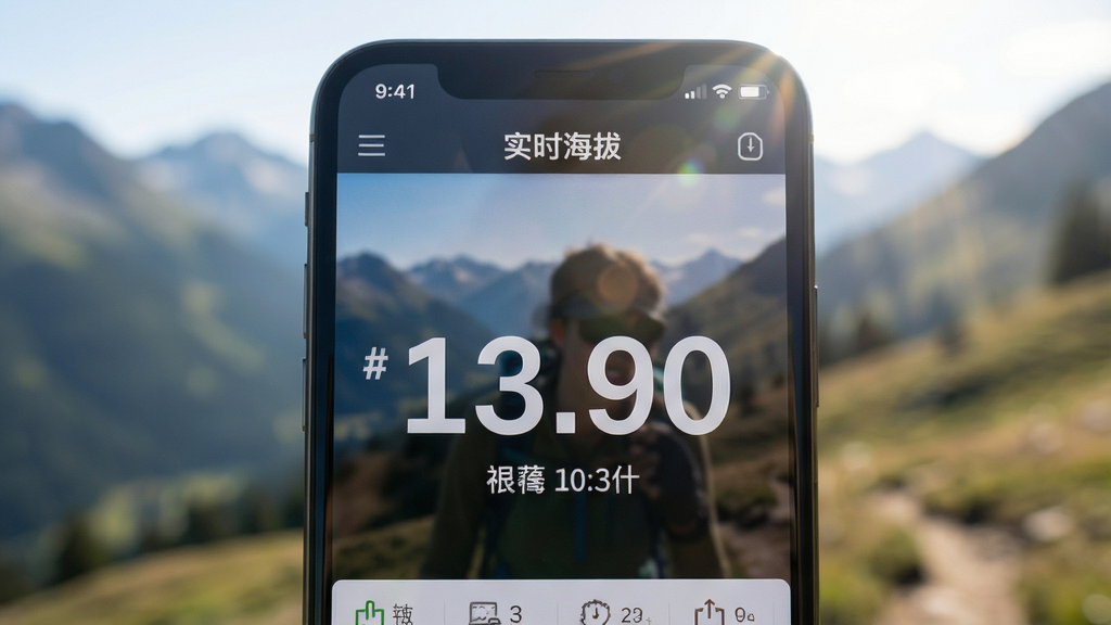 主体为“实时海拔”软件主界面在户外阳光下显示,布局为手机屏幕占据画面主要位置,背景为模糊的山野场景,排版突出屏幕内大号海拔数字,风格为户外实景与界面结合风,细节包括屏幕反光处理、字体清晰度与自然光效,画质高清,画面干净,无多余元素