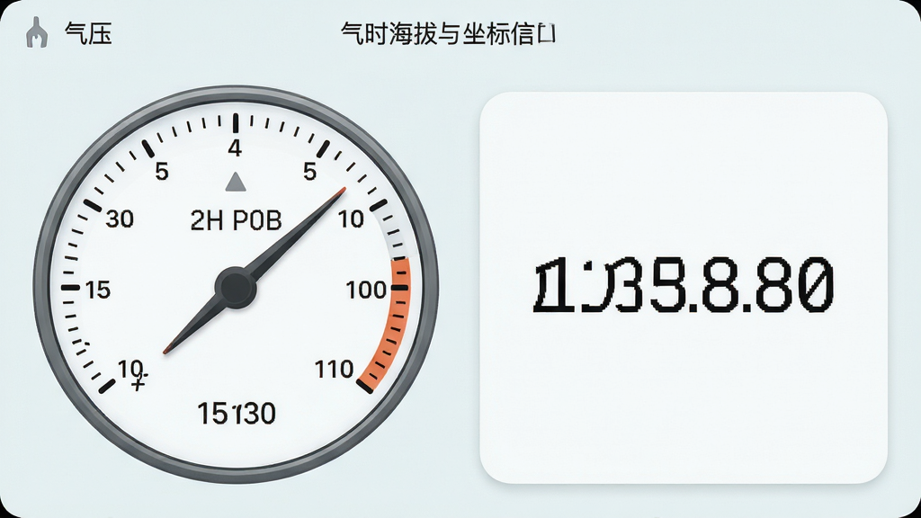 主体为“实时海拔”软件的气压与坐标信息面板,布局为左侧气压数值仪表、右侧经纬度文字卡片并排展示,排版左右对称,风格为简约工具类界面风,细节包括仪表刻度线、坐标数字字体与浅色背景,画质高清,画面干净,无多余元素