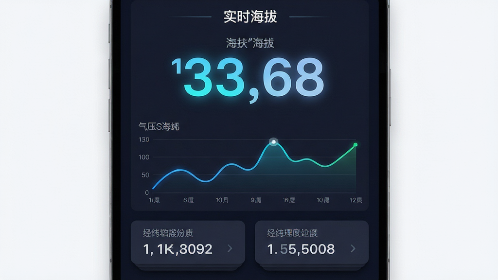 主体为“实时海拔”软件的数据仪表盘界面,布局为上方大号海拔数字、中部气压折线图、下方经纬度信息卡片,排版纵向分层清晰,风格为现代扁平化数据可视化风,细节包括数字发光效果、折线动态感与卡片阴影,画质高清,画面干净,无多余元素