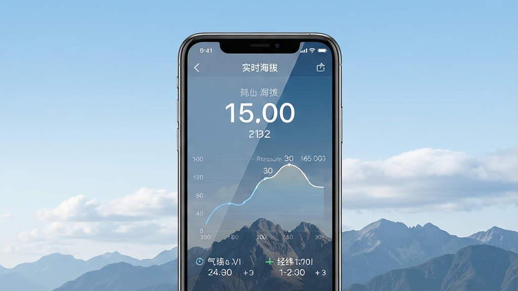 主体为一部智能手机居中放置,屏幕上显示“实时海拔”软件界面,包含海拔高度数字、气压曲线与经纬度信息,布局上手机位于画面中央,背景为淡蓝色渐变天空与远山轮廓,排版简洁突出手机屏幕内容,风格为清爽科技感写实风,细节包括屏幕反光、山体纹理与云层层次,画质高清,画面干净,无多余元素