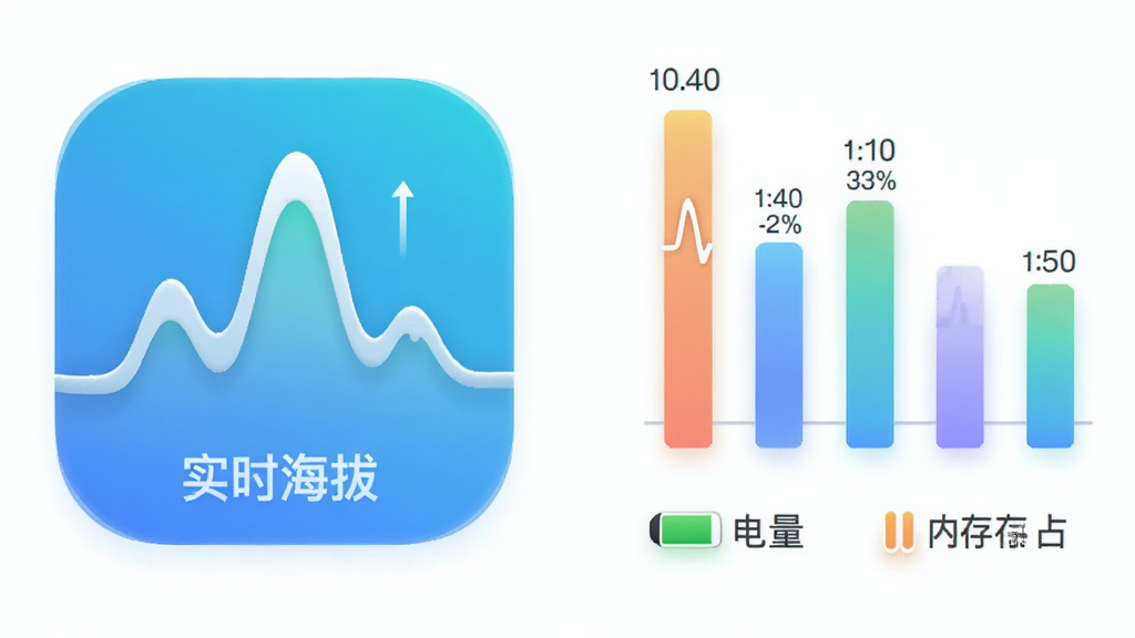 主体为“实时海拔”软件图标与手机电量、内存占用示意图组合,布局为图标居左、数据条形图居右,排版横向并列,风格为轻量科技信息图风,细节包括图标立体感、条形图渐变色与数值标注,画质高清,画面干净,无多余元素