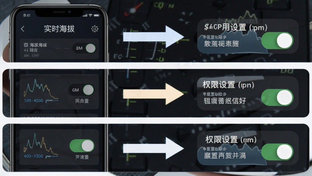 主体为“实时海拔”软件使用指南信息图,布局为手机界面截图与权限设置步骤箭头组合,排版从上到下分三步展示,风格为教程图解风,细节包括权限开关图标、箭头指示与文字标注,画质高清,画面干净,无多余元素