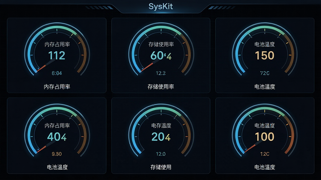 主体为SysKit软件的数据监测面板界面,屏幕中央显示多个圆形仪表盘分别标注内存占用率、存储使用率、电池温度数值;布局为两行三列的网格排列;排版上每个仪表盘下方配有简短中文标签;风格为深色科技感UI,仪表盘带有发光描边效果;细节上数值显示清晰,背景有细微的网格纹理;画质高清,画面干净,无多余元素
