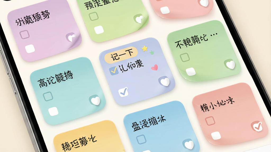 手机屏幕显示多条彩色便签卡片整齐排列,每张卡片上有简短文字与勾选框,其中一张卡片带
