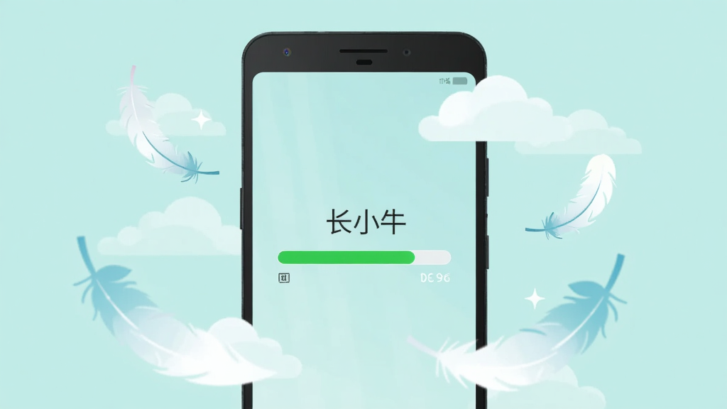 一部安卓手机屏幕显示“长小牛”安装进度条完成瞬间,手机周围漂浮着羽毛与云朵象征轻量,布局为手机居中、元素环绕,风格为清新扁平插画,细节上进度条呈现绿色完成状态,背景为淡青色纯色,画质清晰干净,无多余元素