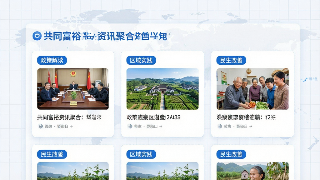 画面展示一个信息聚合界面,标题文字为“共同富裕资讯聚合”,界面中排列着多张资讯卡片,卡片上有“政策解读”“区域实践”“民生改善”等标签,背景为浅色网格,整体风格简洁现代,采用蓝白配色,布局规整,画质干净清晰