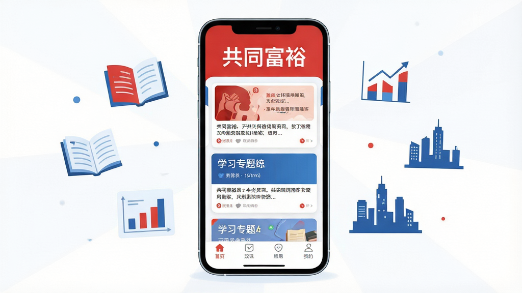 画面中央是一部竖屏智能手机,屏幕上显示“共同富裕”应用首页界面,顶部有醒目的应用名称文字“共同富裕”,页面内包含资讯卡片、学习专题和底部导航栏;手机两侧漂浮着书本、图表、城市剪影等简洁图标,整体采用扁平化插画风格,色调以红蓝白为主,背景干净明亮,构图居中对称,画质清晰,无多余装饰元素