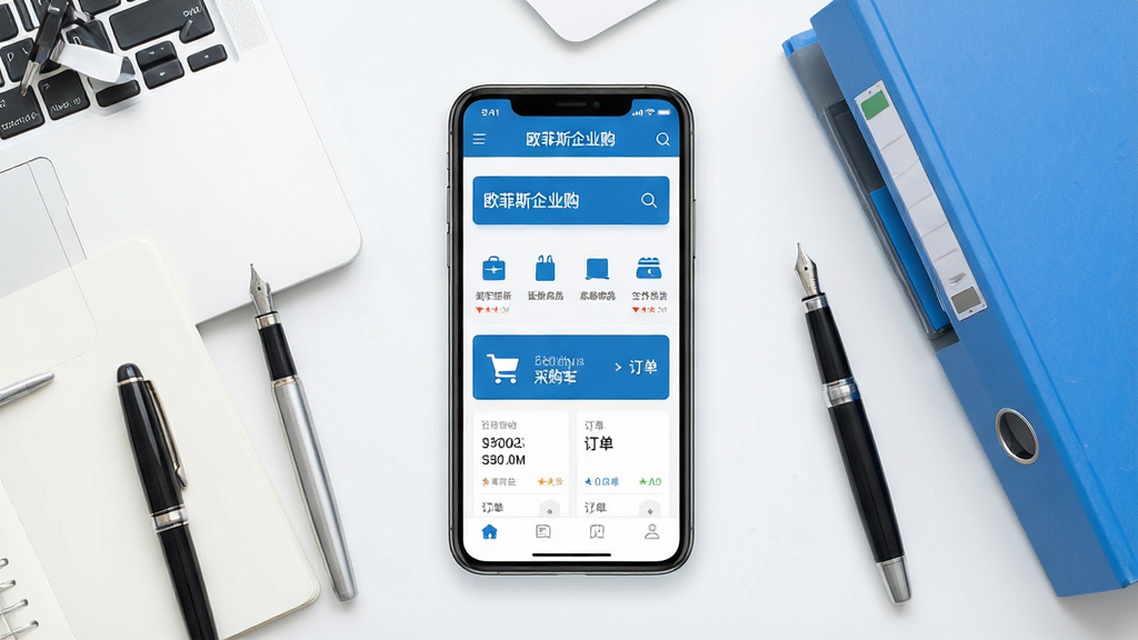 一张展示手机端企业采购平台界面的场景图,画面中央是一部竖屏智能手机,屏幕上显示“欧菲斯企业购”应用首页,包含商品分类图标、采购车入口与订单卡片,手机周围以简洁的办公桌面为背景,摆放笔记本、钢笔与文件夹,整体采用干净明亮的商务蓝白配色,扁平化设计风格,细节清晰,画质细腻,画面干净无多余元素