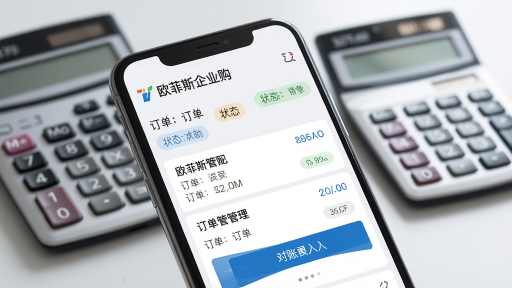 画面展示“欧菲斯企业购”订单管理页面在手机屏幕上的特写,屏幕中有订单列表、状态标签与对账入口,背景为虚化的办公桌与计算器,风格为现代商务简约风,色调以蓝白灰为主,细节锐利,画质高清,画面干净无多余元素