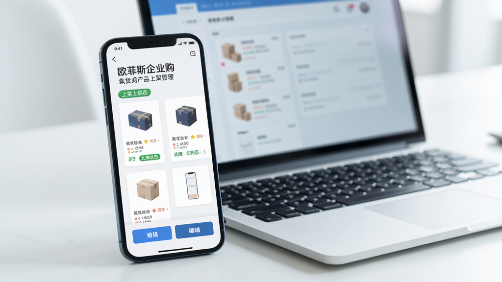 一部智能手机屏幕上显示“欧菲斯企业购”集货商产品上架管理界面,界面中有商品卡片、上架状态标签与编辑按钮,手机旁放置一台打开的笔记本电脑作为辅助背景,整体风格为清爽的浅色商务风,排版整齐,细节清晰,画质优良,画面干净无多余元素