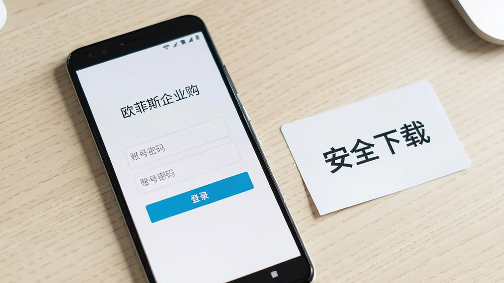 一部安卓手机屏幕显示“欧菲斯企业购”登录界面,界面简洁,有账号密码输入框与登录按钮,手机旁放置一张写有“安全下载”字样的提示卡片,背景为浅色桌面,风格清新简约,细节清晰,画质干净,画面无多余元素
