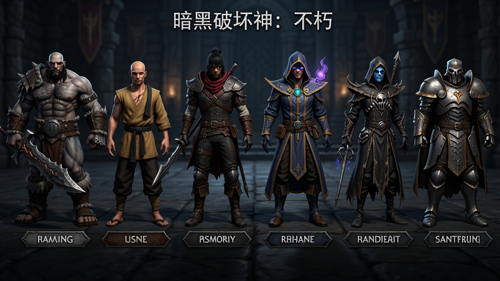 主体为六位不同职业的暗黑角色并排站立,从左到右依次为野蛮人、武僧、猎魔人、法师、死灵法师、圣教军,布局为横向一字排开、每人脚下有职业名称铭牌,排版为宽幅职业展示图,风格为暗黑奇幻写实CG,细节包含各职业标志性武器与盔甲纹理、背景为暗色石质大厅,画质高清、干净、无多余元素,画面中打文字“暗黑破坏神:不朽”