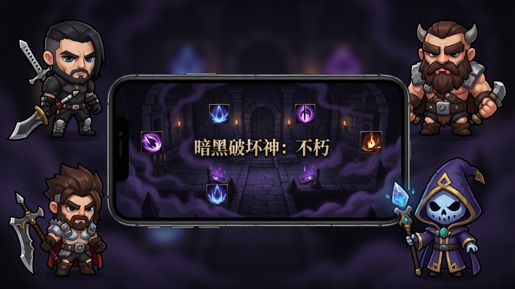 主体为手机屏幕中呈现暗黑风格地牢场景,屏幕外环绕着猎魔人、野蛮人、死灵法师三个职业的Q版立绘,布局为手机居中、职业立绘呈三角环绕,排版为横版宣传图,风格为暗黑哥特与轻卡通结合,细节包含屏幕内技能光效、职业武器细节、背景暗紫色雾气,画质高清、干净、无多余元素,画面中打文字“暗黑破坏神:不朽”