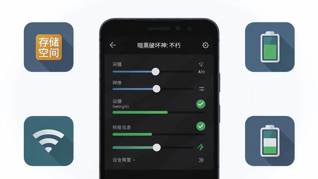主体为一部安卓手机屏幕显示游戏设置界面,旁边漂浮着存储空间、网络信号、电池电量三个图标,布局为手机居中、图标环绕四周,排版为教程示意图风格,风格为扁平化科技插画,细节包含设置滑块、进度条、绿色对勾标记,画质清晰、干净、无多余元素,画面中打文字“暗黑破坏神:不朽”